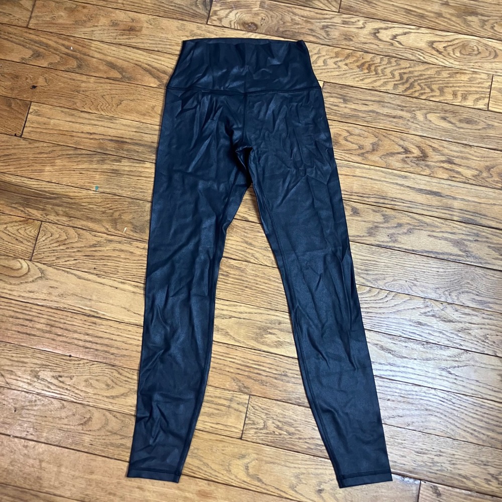 New CRZ YOGA Black Foil Faux Leather Leggings High Waisted Sports Yoga Pants S